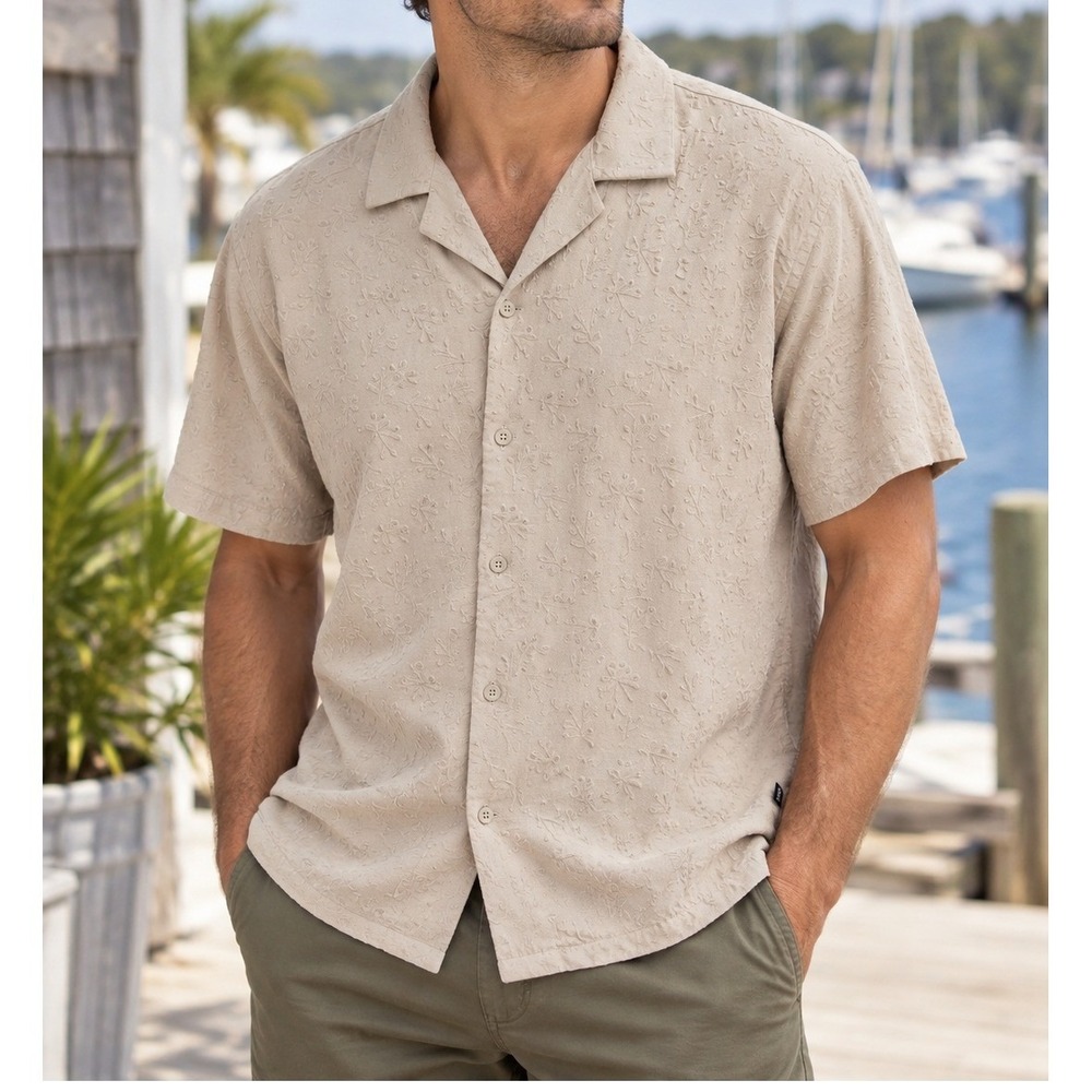 DKNY Button Down Shirt Mens XL Beige Excellent Floral Jacquard Camp Collar